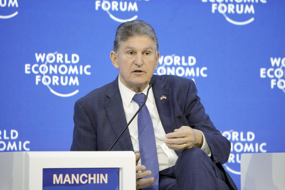 FILE - Sen. Joe Manchin, D-W.Va., talks at the World Economic Forum in Davos, Switzerland ,Jan. 19, 2023. Manchin announced he won't seek reelection in 2024, giving Republicans a prime opportunity to gain a seat in the heavily GOP state.(AP Photo/Markus Schreiber, File)