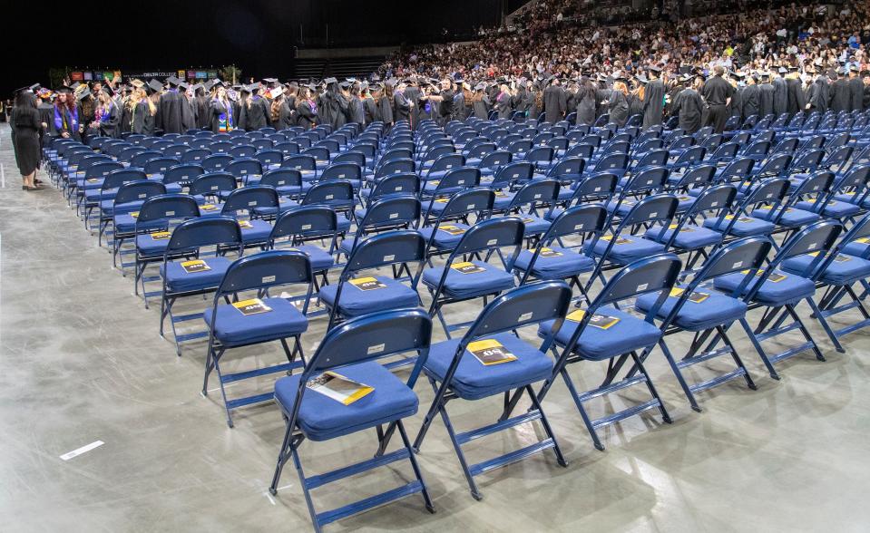 Many seats at the San Joaquin Delta College graduation at the Adventist Health Arena in downtown Stockton on May 16, 2024 due to a boycott by Delta faculty over contract negotiations.