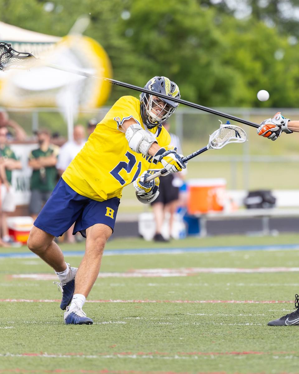 Hartland's Ryan Krause scored three goals in an 11-10 overtime victory over Birmingham Brother Rice in the state Division 1 championship lacrosse game on Saturday, June 11, 2022.