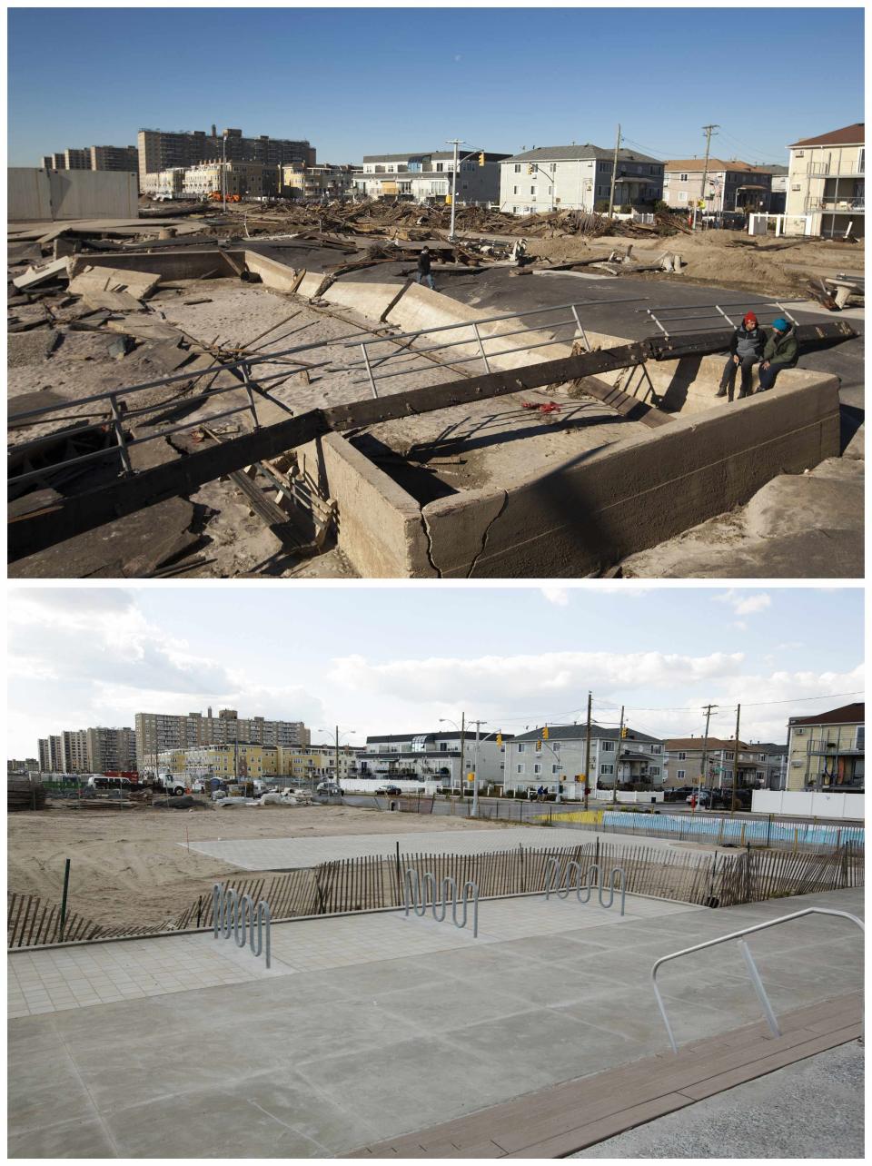 A combination photo shows a couple sitting amongst debris from a boardwalk damaged during Superstorm Sandy and the same location pictured recently in the Rockaways neighborhood of the Queens borough of New York