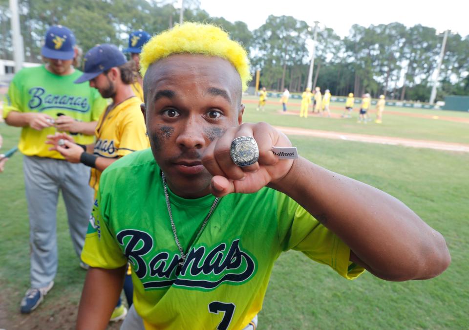 Savannah Bananas outfielder Ty Jackson shows off his Coastal Plain League championship ring from last season.