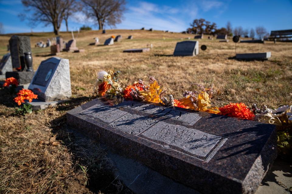 Donald Dean Studey's grave near Thurman Iowa, Wednesday, Oct. 26, 2022. According to his daughter, Donald Dean Studey murdered "five or six" women a year and buried them in and around an abandoned well on his property. 
