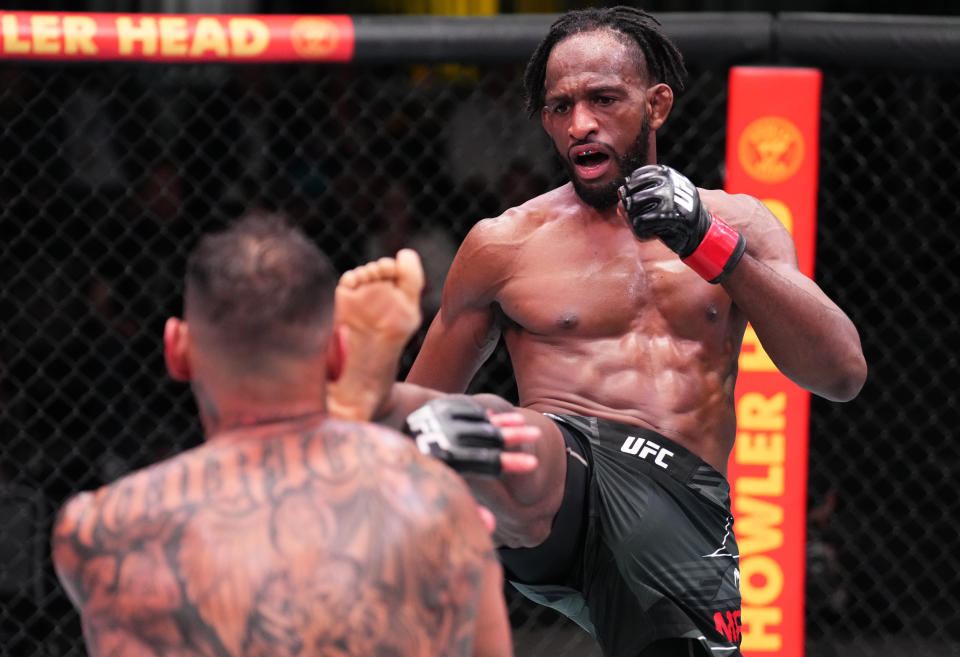 LAS VEGAS, NEVADA - NOVEMBER 05: (R-L) Neil Magny kicks Daniel Rodriguez in a welterweight fight during the UFC Fight Night event at UFC APEX on November 05, 2022 in Las Vegas, Nevada. (Photo by Chris Unger/Zuffa LLC)