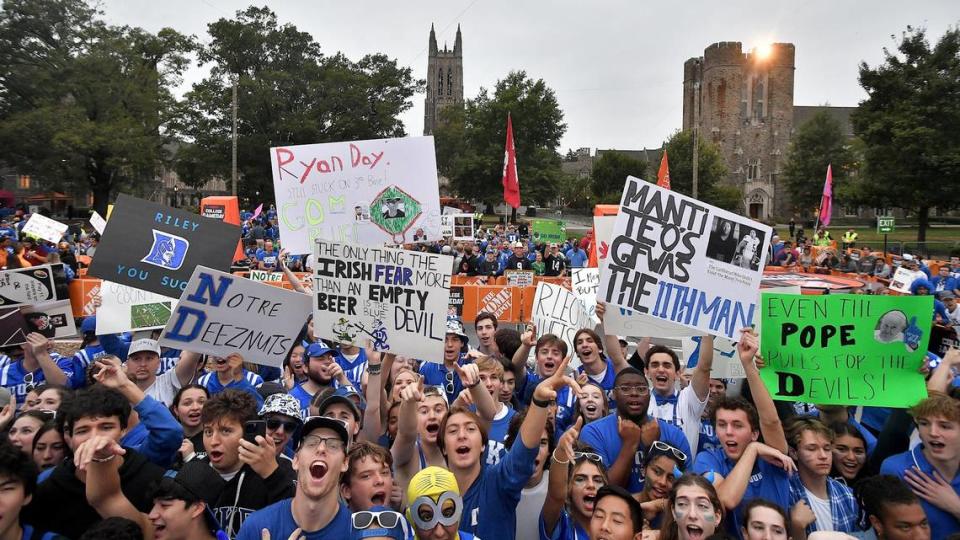 Duke Fans celebrate during ESPN’s GameDay at the Abele Quad at Duke University. ESPN’s College football pregame show, GameDay, was held at Duke University in Durham, N.C. on September 30, 2023.