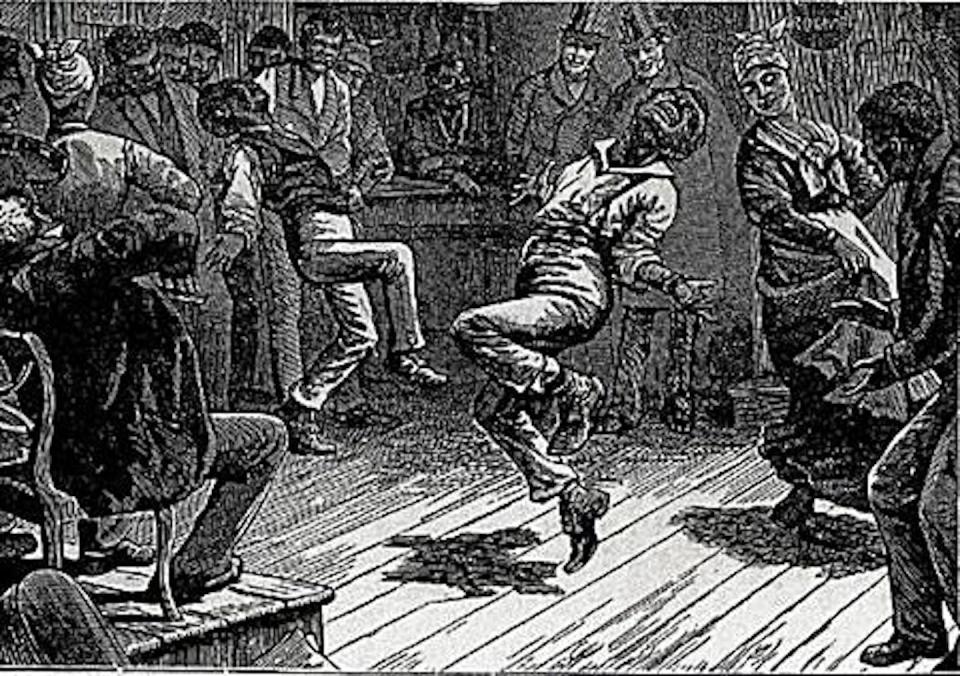 William Henry Lane (‘Master Juba’) dances in New York’s Five Points District as Charles Dickens and a companion watch in the background. <a href="https://commons.wikimedia.org/wiki/File:Master_Juba_from_American_Notes.jpg" rel="nofollow noopener" target="_blank" data-ylk="slk:(Engraving from American Notes by Charles Dickens, 1842: The Penumbral Frontier: Landscape, Modernity, and the Subterranean Imagination in New York City Literature and Culture);elm:context_link;itc:0;sec:content-canvas" class="link ">(Engraving from American Notes by Charles Dickens, 1842: The Penumbral Frontier: Landscape, Modernity, and the Subterranean Imagination in New York City Literature and Culture)</a>, <a href="http://creativecommons.org/licenses/by/4.0/" rel="nofollow noopener" target="_blank" data-ylk="slk:CC BY;elm:context_link;itc:0;sec:content-canvas" class="link ">CC BY</a>