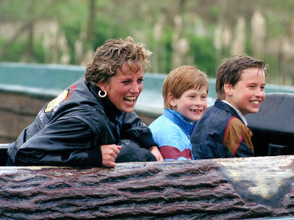 Princess Diana, Prince Harry, and Prince William at Thorpe Park in the UK on April 13, 1993.