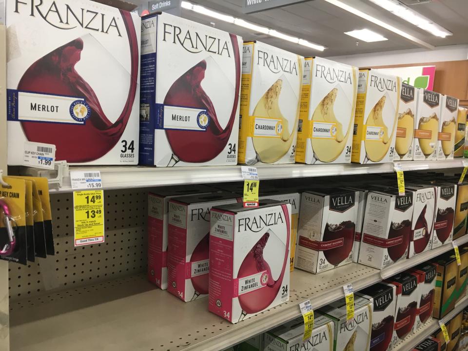 A July 2020 photo shows Franzia wine on sale at a CVS in San Diego.