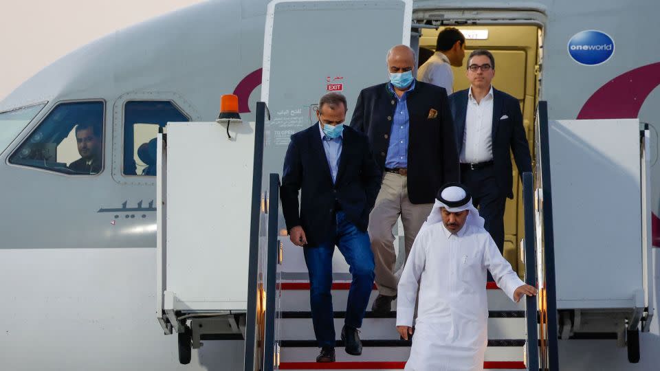 US citizens Siamak Namazi (R), Emad Sharqi (L) and Morad Tahbaz (C) disembark from a Qatari jet upon their arrival at the Doha International Airport in Doha on September 18, 2023.  - Karim Jaafar/AFP/Getty Images