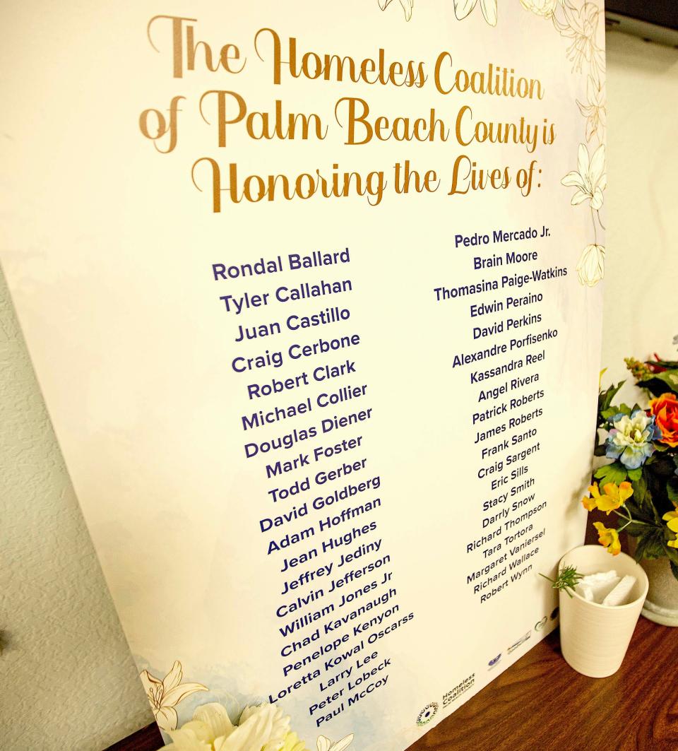 The Palm Beach County Homeless Coalition on Dec. 21, 2023, honored those who had died without shelter that year. A list shown during a remembrance ceremony at the Lewis Center in West Palm Beach bore 41 names when it was printed. By the time of the ceremony, six more had died.