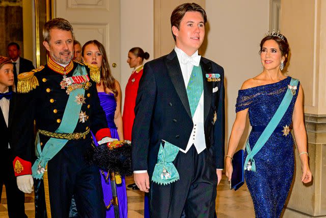 <p>Shutterstock</p> Crown Prince Frederik, Prince Christian and Crown Princess Mary at Christian's 18th birthday gala