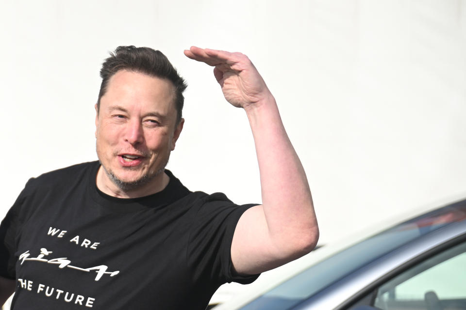 13 March 2024, Brandenburg, Grünheide: Tesla CEO Elon Musk leaves the Tesla Gigafactory Berlin-Brandenburg. Following an attack on the electric car manufacturer Tesla's power supply, the factory is back online after a power outage lasting several days. Photo: Sebastian Christoph Gollnow/dpa (Photo by Sebastian Gollnow/picture alliance via Getty Images)