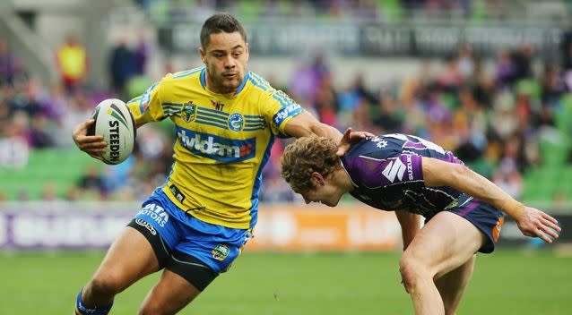 Jarryd Hayne in action for his beloved Parramatta Eels against the Melbourne Storm at AAMI Park in 2014. Photo: Getty Images