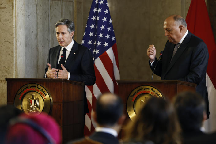 U.S. Secretary of State Antony Blinken, left, and Egyptian Foreign Minister Sameh Shoukry hold a press conference in Cairo, Egypt, Monday Jan. 30, 2023. (Khaled Desouki/Pool via AP)