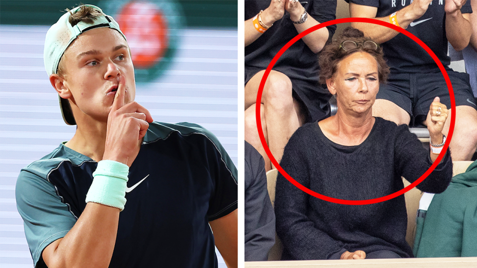 Teen tennis sensation Holger Rune (pictured left) gesturing towards the French Open crowd and (pictured right) Holger Rune's mum in the crowd.