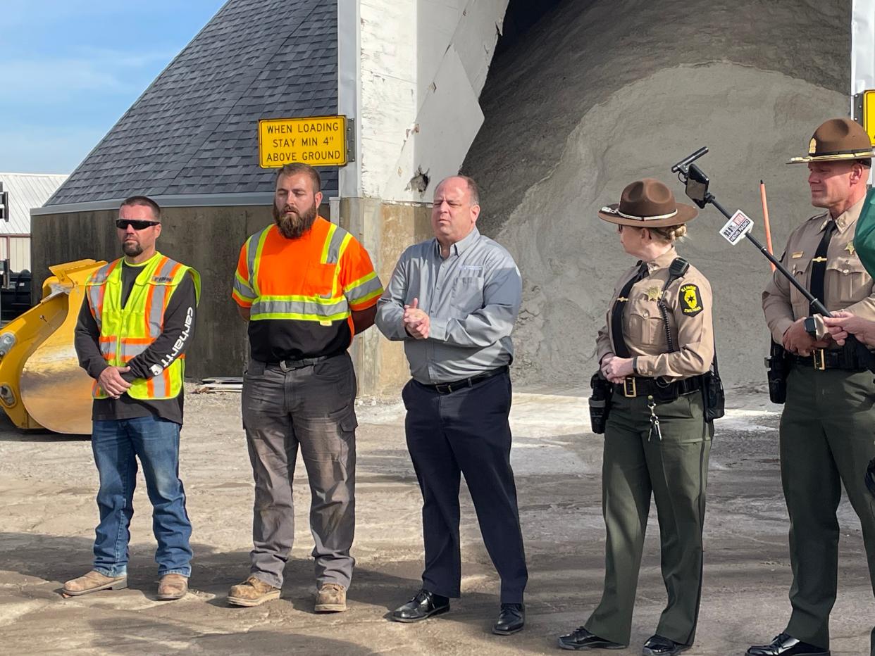 Illinois Department of Transportation spokesperson Paul Wappel is flanked by IDOT highway maintainers Mike Finnegan and Raley Cowman, left, Illinois State Police Captain Jody Huffman and Acting Lieutenant Josh Adcock during a press conference Thursday, Nov. 16, 2023.