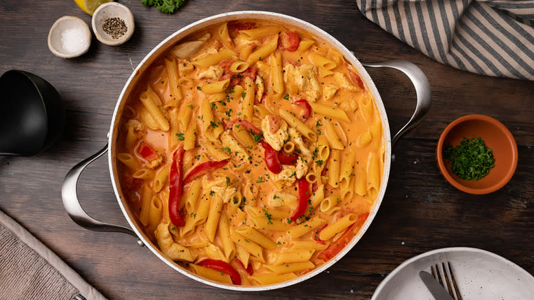 Creamy Cajun pasta in pot 