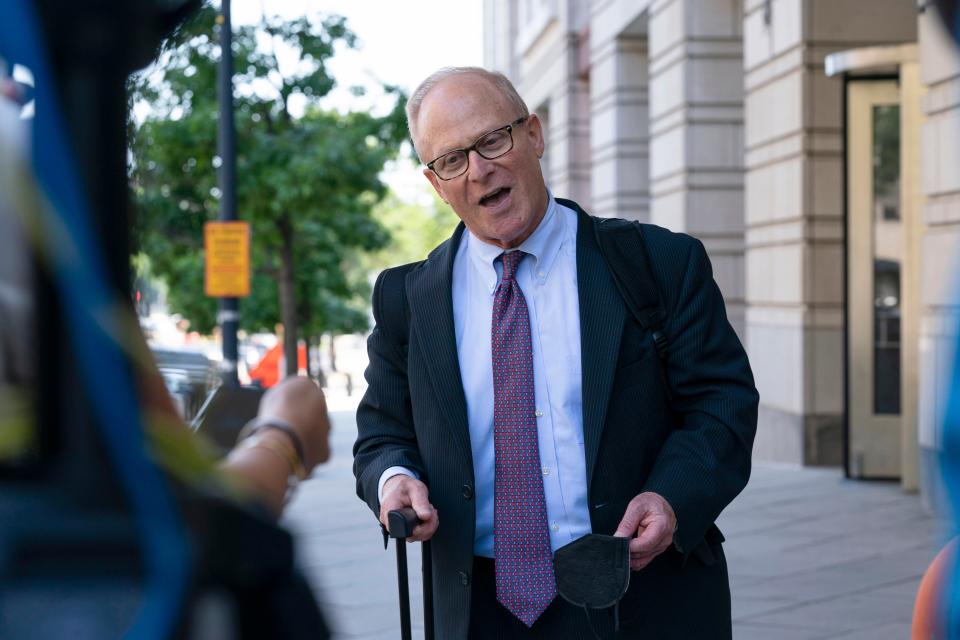 Steve Bannon's attorney David Schoen talks to reporters after a hearing on Bannon's trial on July 11 in Washington.