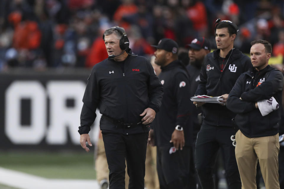 Utah coach Kyle Whittingham walks the sideline during the first half of the team's NCAA college football game against Oregon State on Saturday, Oct. 23, 2021, in Corvallis, Ore. (AP Photo/Amanda Loman)