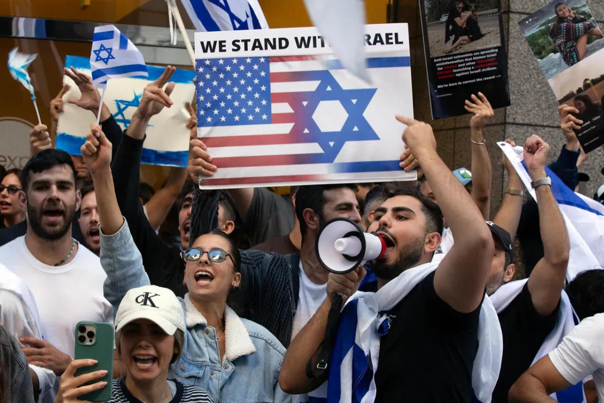 Protesters express support for Israel at a pro-Palestinian rally in San Francisco on Oct. 8, the day after Hamas launched a brutal attack on Israel.