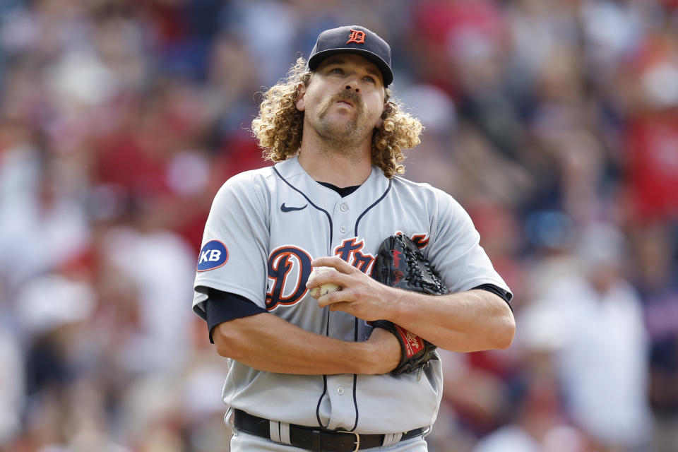 Detroit Tigers relief pitcher Andrew Chafin reacts after giving up a three-run home run to Cleveland Guardians' Andres Gimenez during the seventh inning in the first baseball game of a doubleheader Monday, Aug. 15, 2022, in Cleveland. (AP Photo/Ron Schwane)