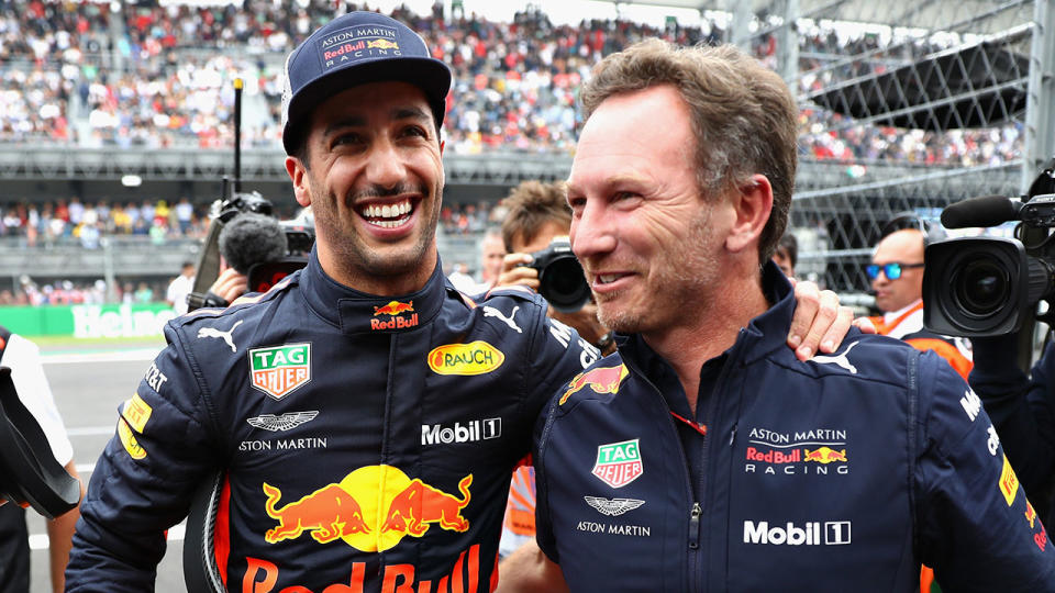 Pole position qualifier Daniel Ricciardo of Australia and Red Bull Racing celebrates with Red Bull Racing Team Principal Christian Horner. Pic: Getty