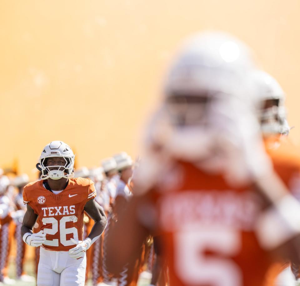 Texas running back Quintrevion Wisner takes the field before last Saturday's game against Mississippi State. Wisner, a sophomore, ended up taking the leading role for the Longhorns' rushing game in place of Jaydon Blue. He set career highs for carries and yards.