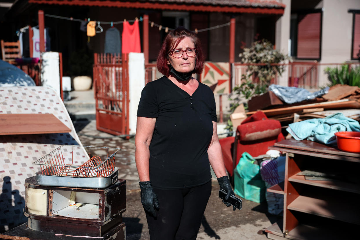 Georgia Bloufa in Palamas, Greece, on Sept. 13, 2023. She lost most of her belongings in the flood. (Dave Copeland / NBC News)