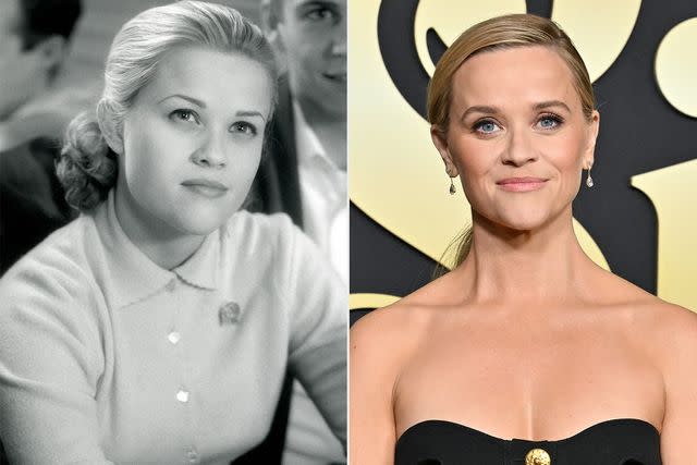 <p>Courtesy Everett Collection;Getty</p> Reese Witherspoon in 'Pleasantville' and now