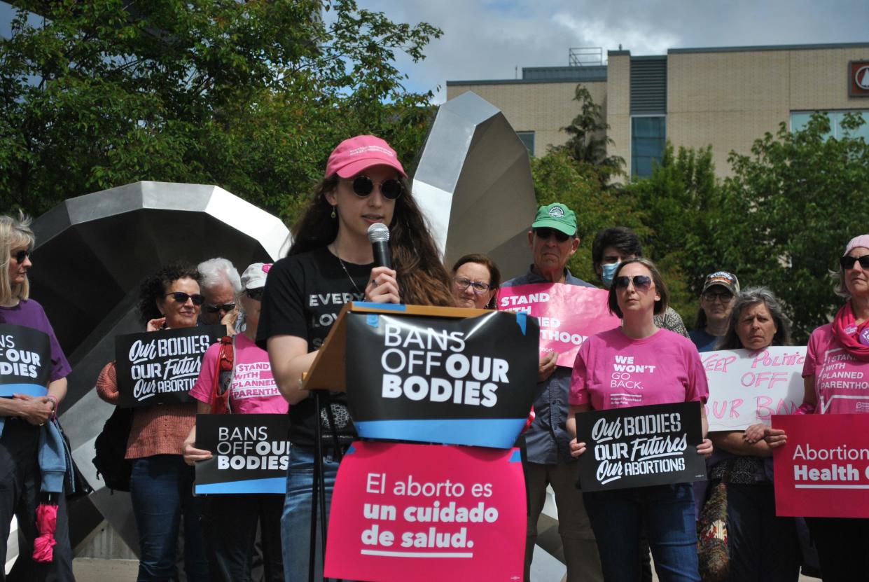 Mariah Terrill speaking during a press conference before hundreds gathered to protest the Supreme Court's leaked draft opinion to overturn the nearly 50-year precedent set by Roe v. Wade.