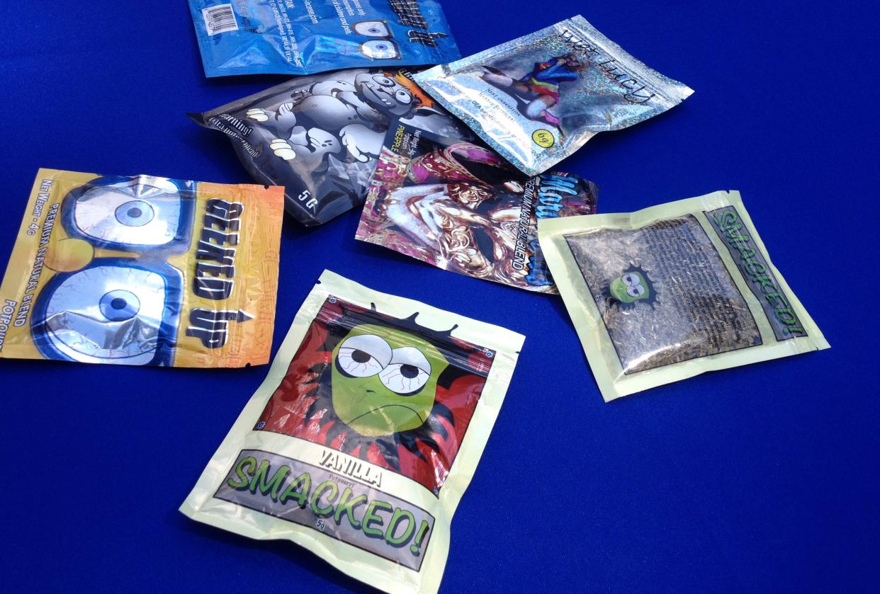 Packets of synthetic marijuana illegally sold in New York City put on display at a news conference in New York.