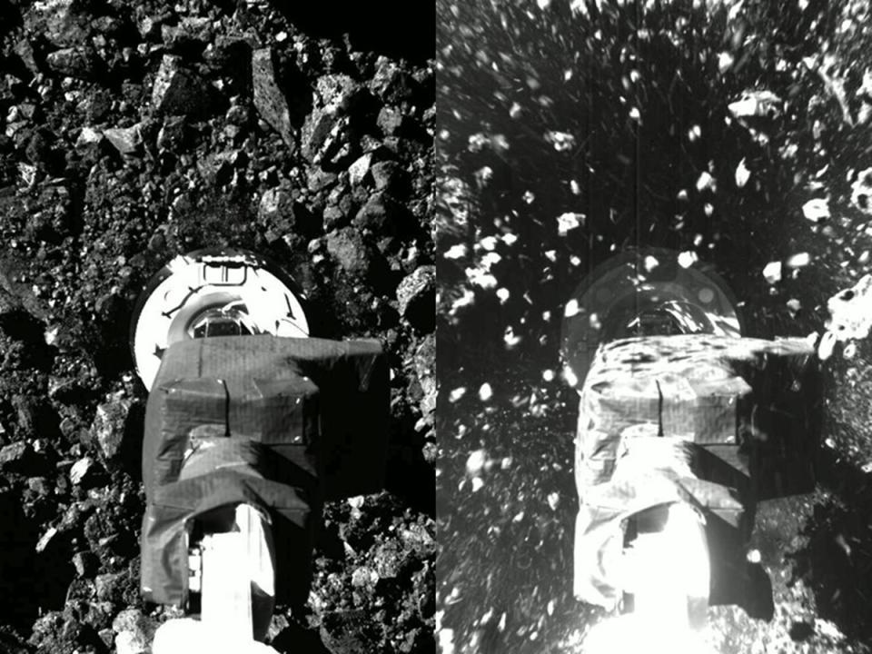 美國國家航空暨太空總署（NASA）的無人探測器「歐塞瑞斯號」20日短暫觸及小行星貝努（Bennu）遍布圓石的表面，以精確操作方式蒐集石塊和塵埃樣本。（圖取自twitter.com/OSIRISREx）