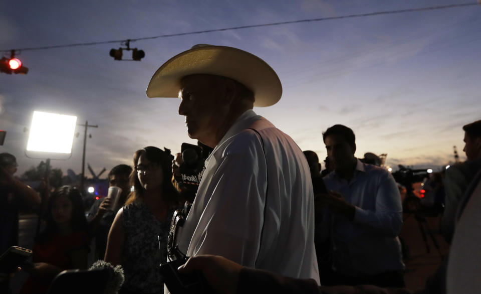 Wilson County Sheriff Joe Tackitt Jr. gives an update to the media at the scene of the shooting at the First Baptist Church of Sutherland Springs early Monday. (AP Photo/Eric Gay)