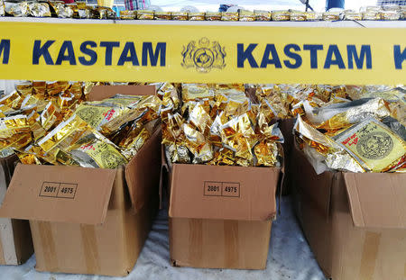 Malaysian Customs display 1187kg of Methamphetamine worth 71 million ringgit ($17.8 million) seized during a news conference in Nilai, Malaysia May 28, 2018. REUTERS/Angie Teo