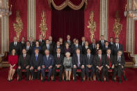 Leaders of the NATO alliance countries, and its secretary general, join Britain's Queen Elizabeth II and Prince Charles the Prince of Wales, for a group picture during a reception at Buckingham Palace in London, Tuesday Dec. 3, 2019, as they gathered to mark 70-years of the alliance. Back row, from left: Xavier Bettel Prime Minister of Luxembourg; Egils Levits President of Latvia; Gitanas Nauseda President of Lithuania; Dusko Markovic Prime Minister of Montenegro; Erna Solberg Prime Minister of Norway; Mark Rutte Prime Minister of Netherlands; Zuzana Caputova President of Slovakia; Andrzej Duda President of Poland; Antonio Costa Prime Minister of Portugal; Klaus Iohannis President of Romania; Marjan Sarec Prime Minister of Slovenia. Middle row from left: Edi Rama Prime Minister of Albania; Zoran Zaev Prime Minister of North Macedonia; Mette Frederiksen Prime Minister of Denmark; Juri Ratas Prime Minister of Estonia; Emmanuel Macron President of France; Angela Merkel President of Germany; Kyriakos Mitsotakis Prime Minister of Greece; Viktor Orban Prime Minister of Hungary; Katrin Jakobsdottir Prime Minister of Iceland; Giuseppe Conte Prime Minister of Italy; Andrej Plenkovic Prime Minister of Croatia. Seated from left: Sophie Wilmas Prime Minister of Belgium; Rumen Radev President of Bulgaria; Donald Trump President of United States; Prince Charles The Prince of Wales; Jens Stoltenberg NATO Secretary General; Queen Elizabeth II; Boris Johnson Prime Minister of the United Kingdom; Justin Trudeau Prime Minister of Canada; Pedro Sanchez Acting Prime Minister of Spain; Recep Tayyip Erdogan President of Turkey; Milos Zeman President of the Czech Republic. (Yui Mok/Pool via AP)