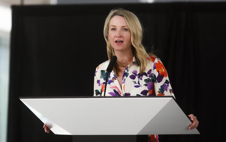 Fort Worth mayor Mattie Parker speaks before the announcement of host cities for the 2026 FIFA World Cup on Thursday, June 16, 2022, at the AT&T Discovery Center in Dallas, Texas. Dallas is one of 16 US cities in contention.