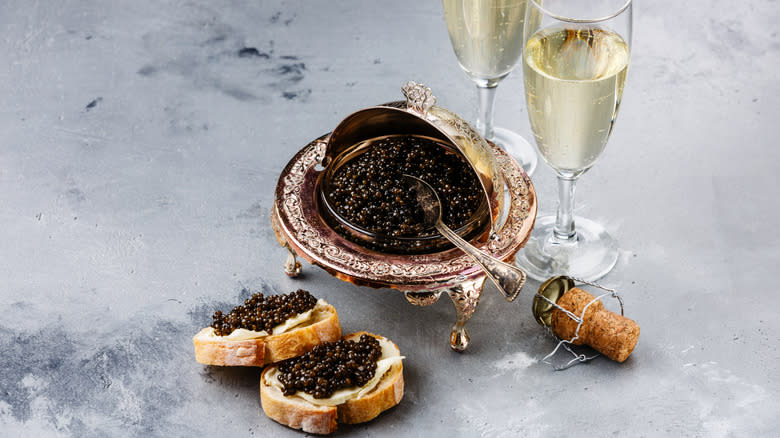 Champagne and caviar in dish