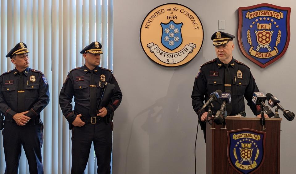 Portsmouth Police Chief Brian Peters speaks at a press conference on Tuesday, May 23, 2023 about the first degree murder charge being brought against Portsmouth resident Jacob Morrill for the alleged killing of his landlord, Xuefeng Wu of Tiverton, on Monday May 22, 2023.