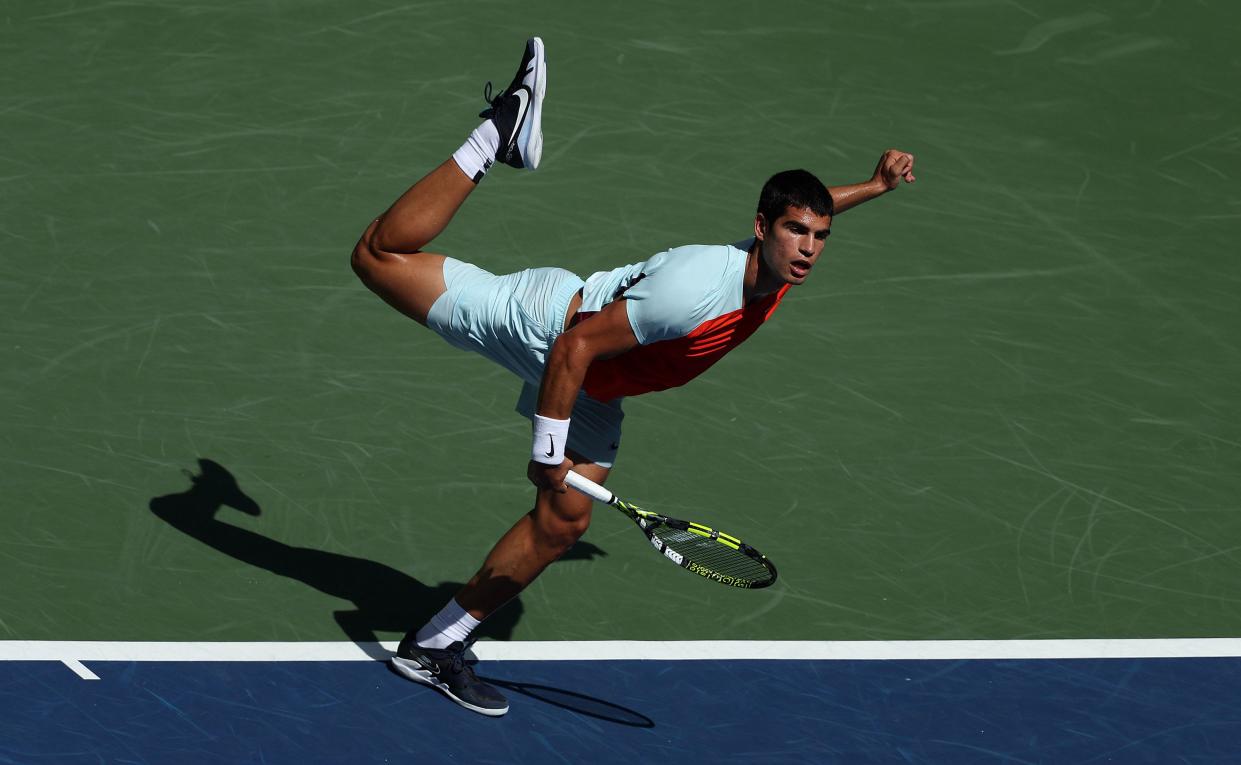 Carlos Alcaraz of Spain in action against Sebastian Baez of Argentina in their Men's Singles First Round match on Day Two of the 2022 U.S. Open at USTA Billie Jean King National Tennis Center on Aug. 30, 2022, in Flushing, Queens.