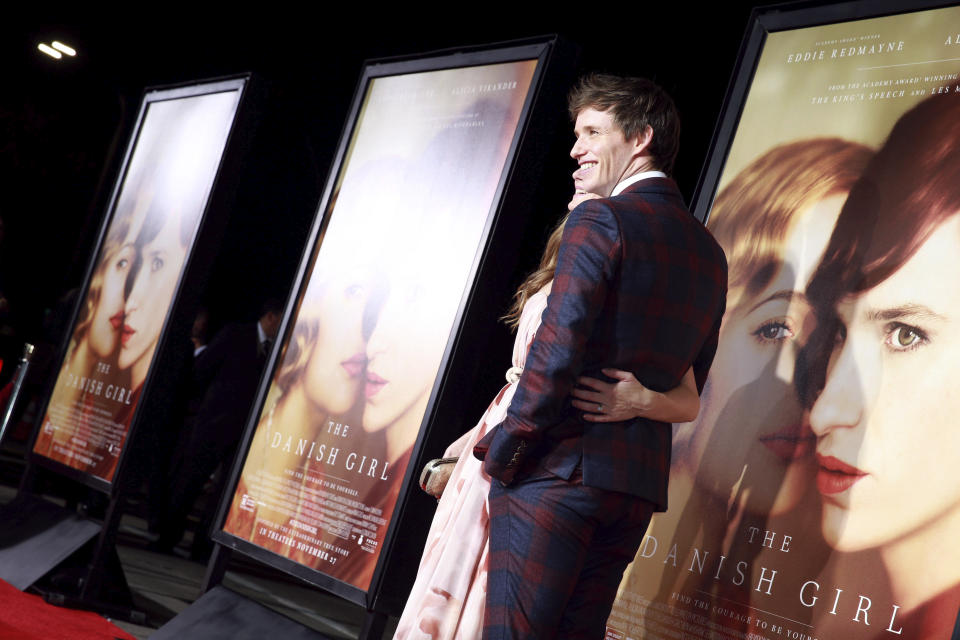 Hannah Bagshawe and Eddie Redmayne seen at Focus Features Los Angeles premiere of 'The Danish Girl' at Regency Village Theatre on Saturday, Nov. 21, 2015, in Los Angeles, CA. (Blair Raughley via AP)