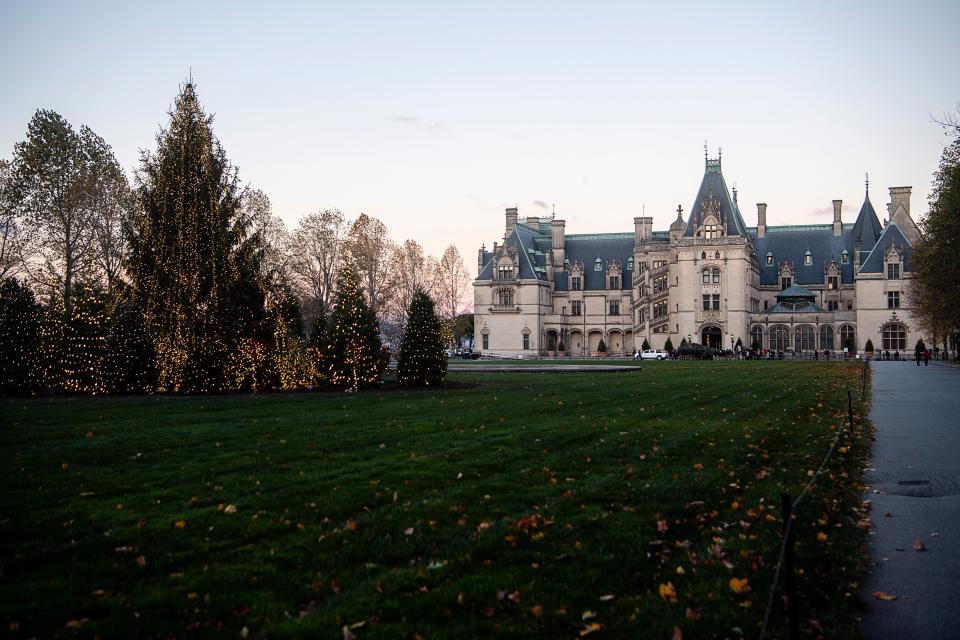 A 55-foot-tall Norway spruce illuminates the Biltmore House’s front lawn, surrounded by 36-lit evergreens.