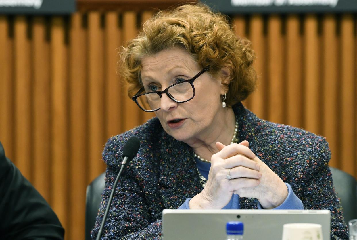 FILE- In this Feb. 13, 2019 file photo, New York Assemblywoman Jo Anne Simon (D- Brooklyn) asks questions during a public hearing in Albany, N.Y. 