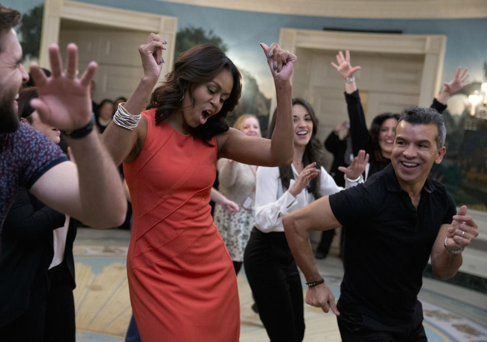 Michelle Obama boogied in the Diplomatic Room of the White House during a Broadway at the White House event for high school students involved in performing arts programs.