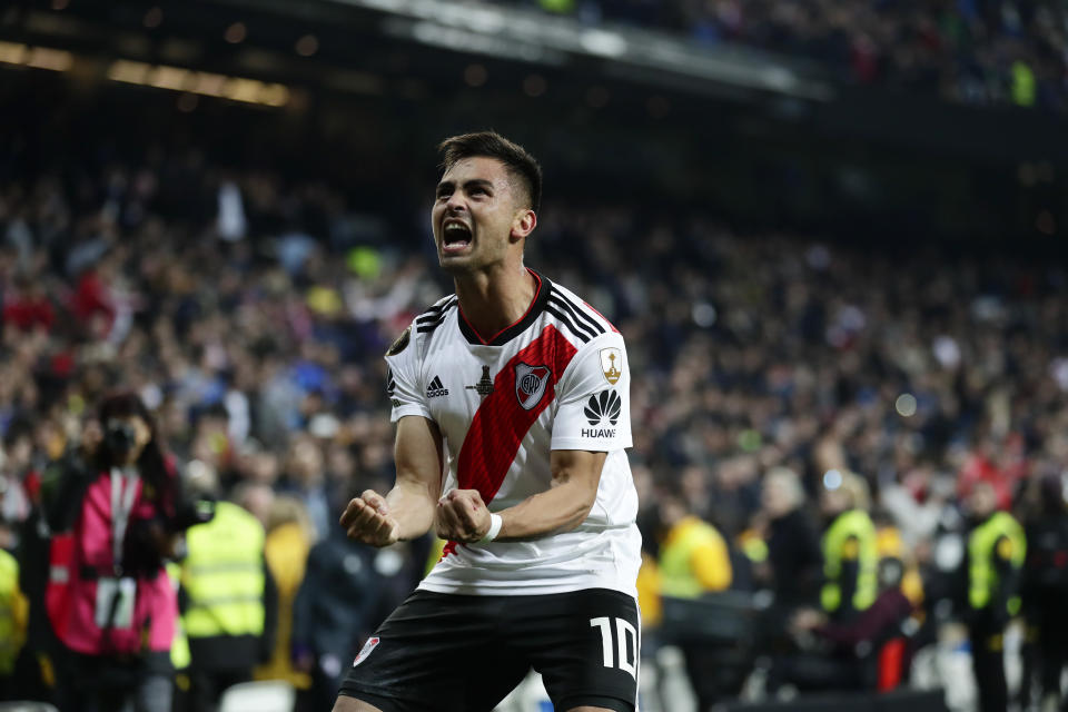 Gonzalo Martinez of Argentina's River Plate celebrates after beating Argentina's Boca Juniors in the Copa Libertadores final soccer match at the Santiago Bernabeu stadium in Madrid, Spain, Sunday, Dec. 9, 2018. (AP Photo/Manu Fernandez)