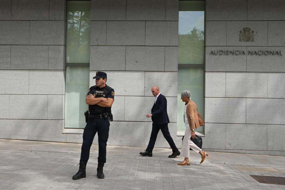 The former president of Spain's soccer federation Luis Rubiales, centre, leaves after testifying at the National Court in Madrid, Spain, Friday, Sept. 15, 2023. Spanish state prosecutors formally accused Rubiales last week of alleged sexual assault and an act of coercion after Rubiales kissed Spain forward Jenni Hermoso during the awards ceremony after Spain beat England to win the title on Aug. 20 in Sydney, Australia. (AP Photo/Manu Fernandez)