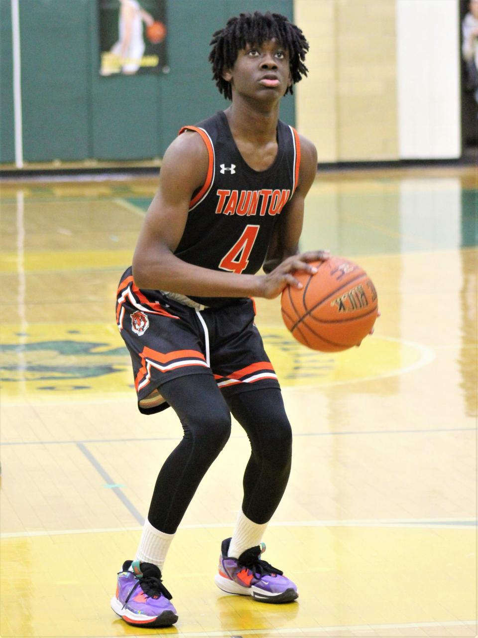 Taunton's Jakari Innocent prepares to take a free throw during a Jan. 27 game against King Philip.