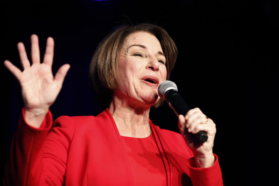 Democratic presidential candidate Sen. Amy Klobuchar, D-Minn., speaks at the Clark County Democratic Party "Kick-Off to Caucus 2020" event, Saturday, Feb. 15, 2020, in Las Vegas. (AP Photo/John Locher)