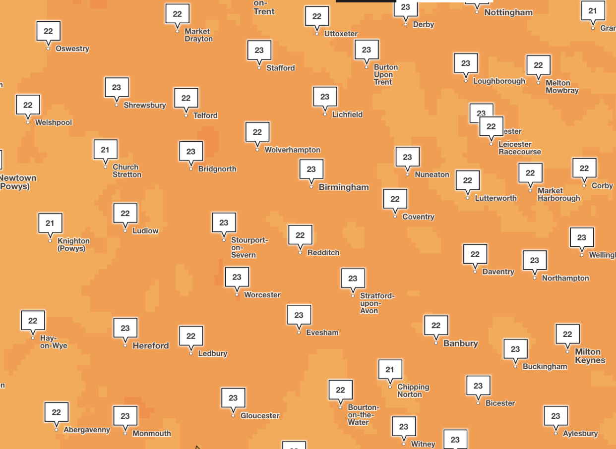 The Midlands will also see temperatures in the 20s this weekend, though not quite as high as in the south east. (Met Office)