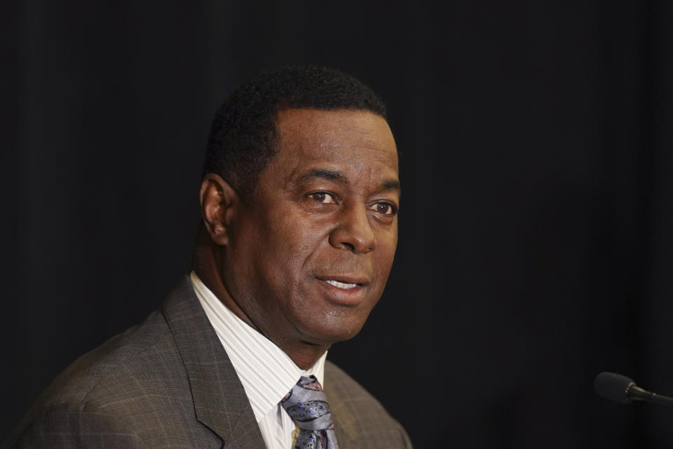 Dwight Hicks addresses the media during a news conference, Wednesday, Aug. 12, 2020, in Novi, Mich. Hicks, is one of several Black former University of Michigan student-athletes who claim they were abused by a sports doctor who worked there for decades. Attorneys are asking the university to treat them fairly as it settles hundreds of lawsuits expected to cost the school millions of dollars. (AP Photo/Carlos Osorio)