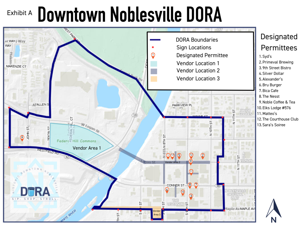 A boundary map of where carrying alcoholic beverages outside will be permitted in Noblesville.