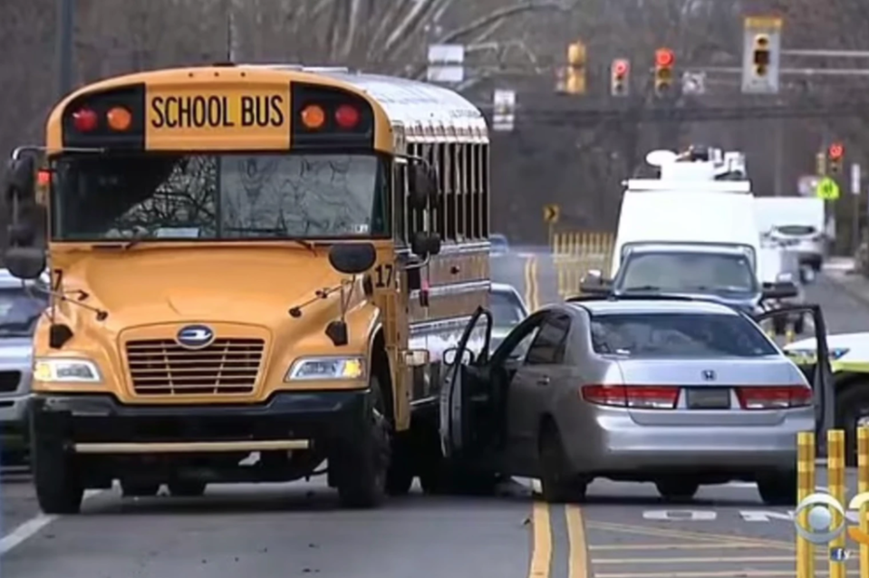 Three alleged car thieves tried to flee in a Honda Accord but crashed into a school bus (CBS3)